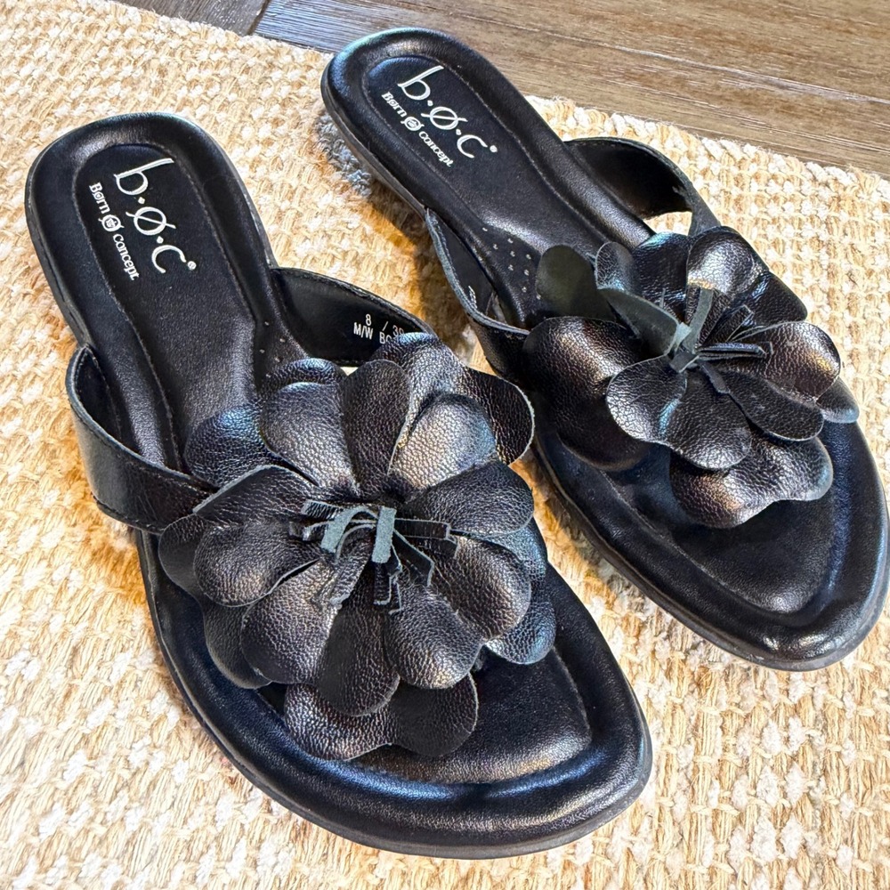 b.o.c. Born Concept Women Black Leather 3D Flower Thong Sandals Size 8 39